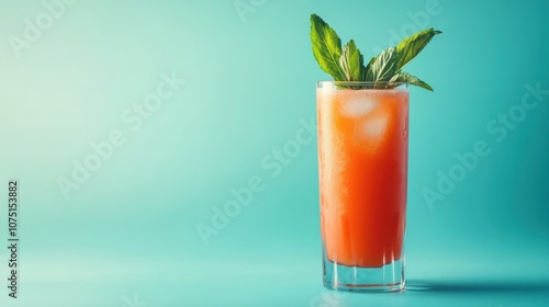 Carrot juice garnished with green leaves in a transparent glass on a blue background