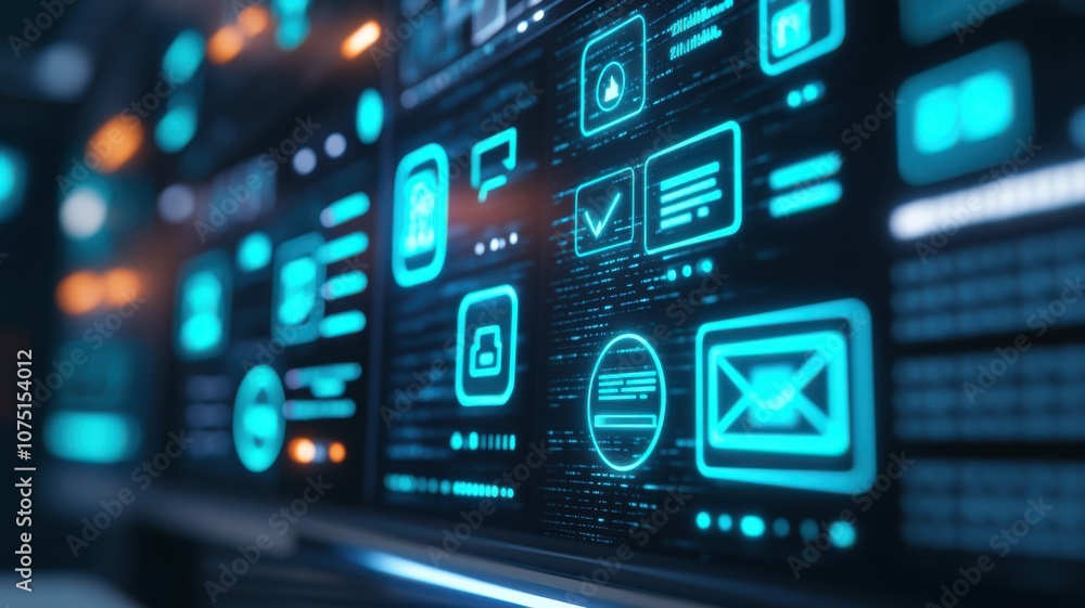 Futuristic digital interface with glowing blue icons and buttons. Futuristic digital interface with glowing blue icons and buttons.