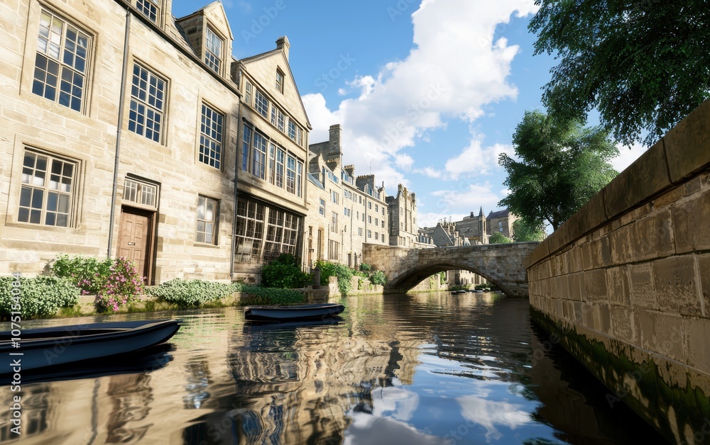 A city canal lined with historic buildings, small boats floating on calm waters A city canal lined with historic buildings, small boats floating on calm waters
