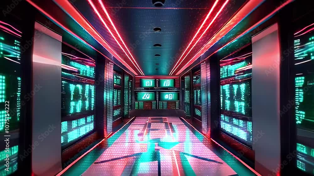 Futuristic hallway with neon lights and digital displays. Futuristic hallway with neon lights and digital displays.