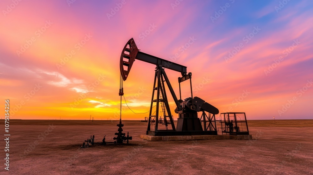 Oil pump against a stunning sunset in an expansive landscape. Oil pump against a stunning sunset in an expansive landscape.