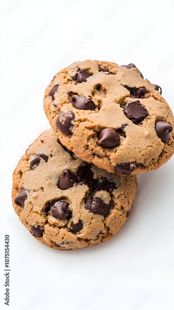 A few thick chocolate chip cookies, solid white background. A few thick chocolate chip cookies, solid white background.