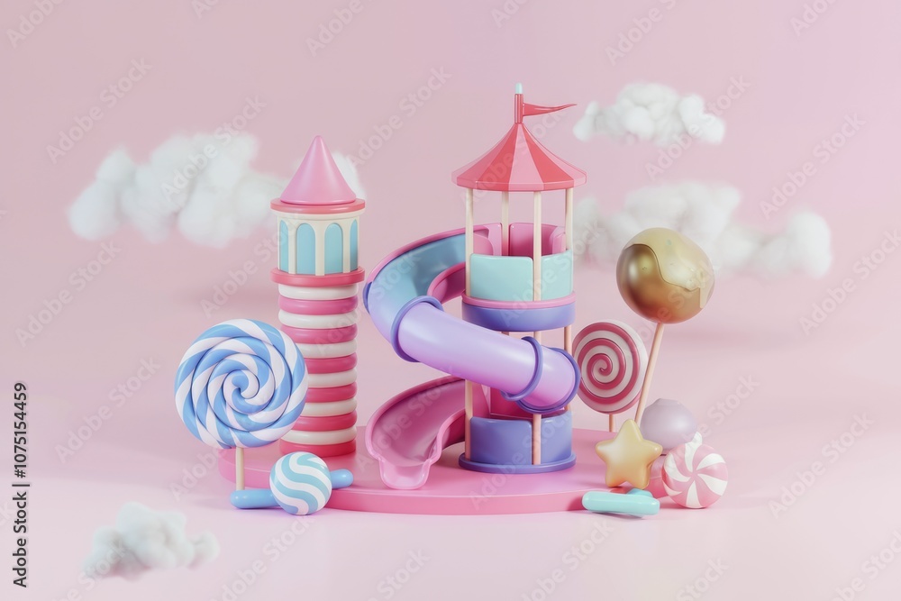 Candy themed playground with a slide tower and lollipops. Candy themed playground with a slide tower and lollipops.