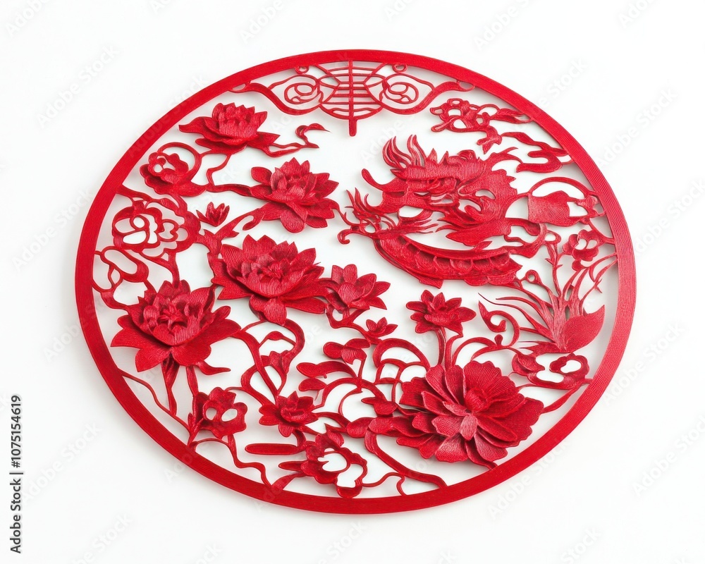 Fototapeta premium Intricate red paper cut artwork featuring floral and dragon motifs, symbolizing prosperity.