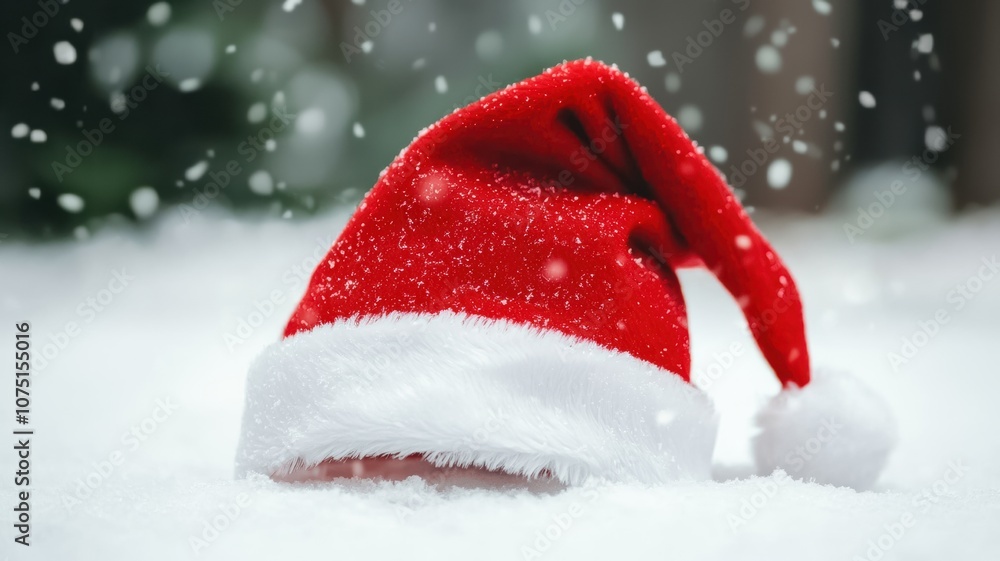 A bright red Christmas hat peeks out from a blanket of snow, surrounded by falling snowflakes, creating a festive winter scene. A bright red Christmas hat peeks out from a blanket of snow, surrounded by falling snowflakes, creating a festive winter scene.