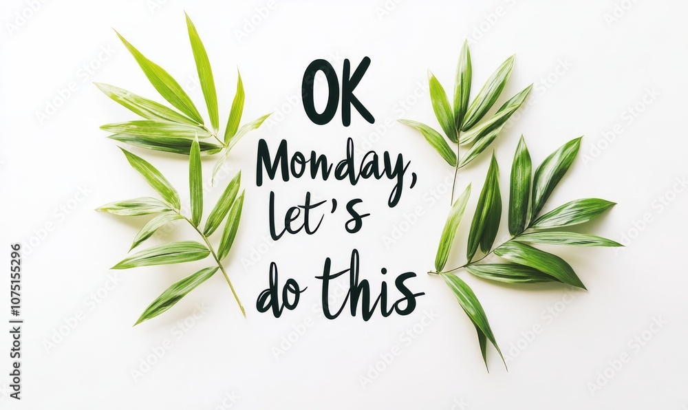 OK Monday, let's do this - lettering on white background with coffee cup and green leaves decoration. Work day concept OK Monday, let's do this - lettering on white background with coffee cup and green leaves decoration. Work day concept