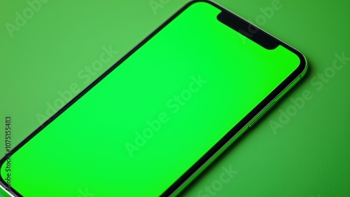 A sleek smartphone with a bright green screen is displayed against a matching green background, ideal for digital design or video production.