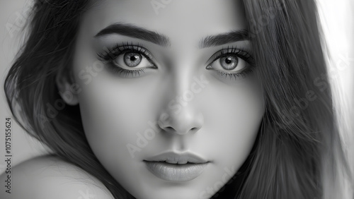 Portrait of beautiful young woman with makeup in black and white.