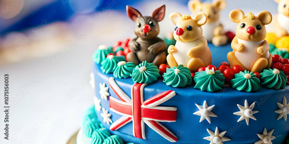 Fototapeta premium Macro Close Up Australian Themed Cake Decoration, Vibrant Colors, Intricate Details, National Pride Symbols, Celebration Inspired, Ample Copy Space, Stock Photo Concept Ideal for Events and Festivitie