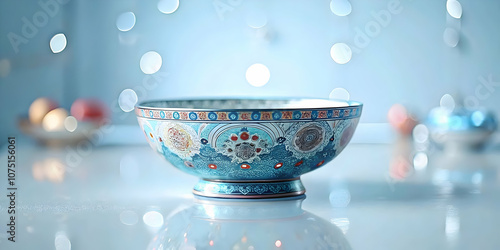 Macro Close-Up of Traditional Korean Seollal Wine Bowl with Intricate Patterns and Vibrant Colors for Cultural Pride, Celebration, Festivities, and Ample Copy Space - Stock Photo Concept for Asian Tra photo