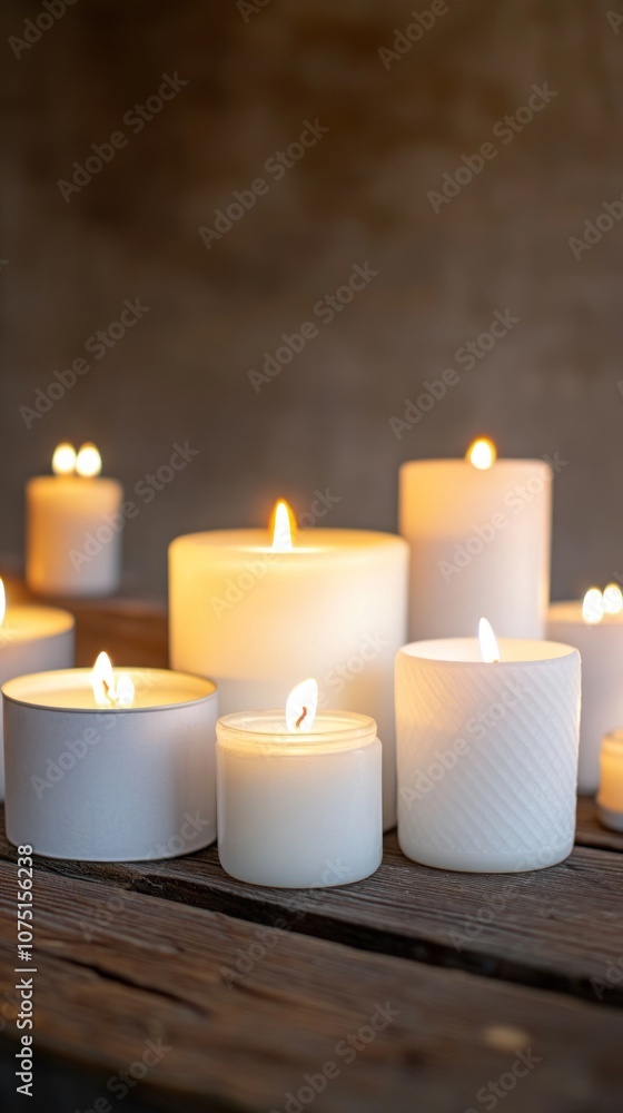 A serene arrangement of lit candles on a wooden surface, creating a warm ambiance. A serene arrangement of lit candles on a wooden surface, creating a warm ambiance.