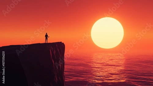 A person meditating on a cliff overlooking the ocean during a stunning sunset
