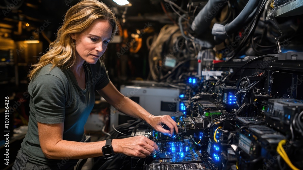 Woman Working in Data Center with Network Equipment Woman Working in Data Center with Network Equipment