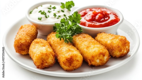 Plate of fried croquettes with tomato sauce and mayonnaise appetizer on a white background top view