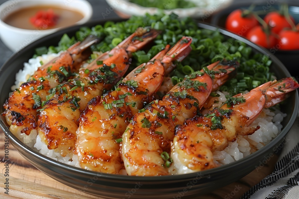 Grilled Shrimp with Chives on Rice - Perfect for Seafood Lovers and Culinary Presentation Grilled Shrimp with Chives on Rice - Perfect for Seafood Lovers and Culinary Presentation