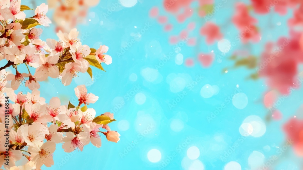 A serene image of blooming pink cherry blossoms against a soft blue background, evoking a sense of tranquility and springtime beauty. A serene image of blooming pink cherry blossoms against a soft blue background, evoking a sense of tranquility and springtime beauty.