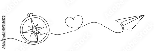 Paper plane and compass composition. Back to school education concept. Continuous one line drawing. Vector illustrations.