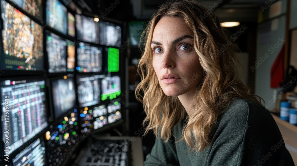 Serious Woman in Tech Room with LED Screens Serious Woman in Tech Room with LED Screens