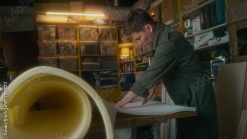 Side full medium shot of middle-aged female artisan in overall cutting polyurethane foam pad with knife for reupholstering and restoring old furniture in garage workshop, copy space photo