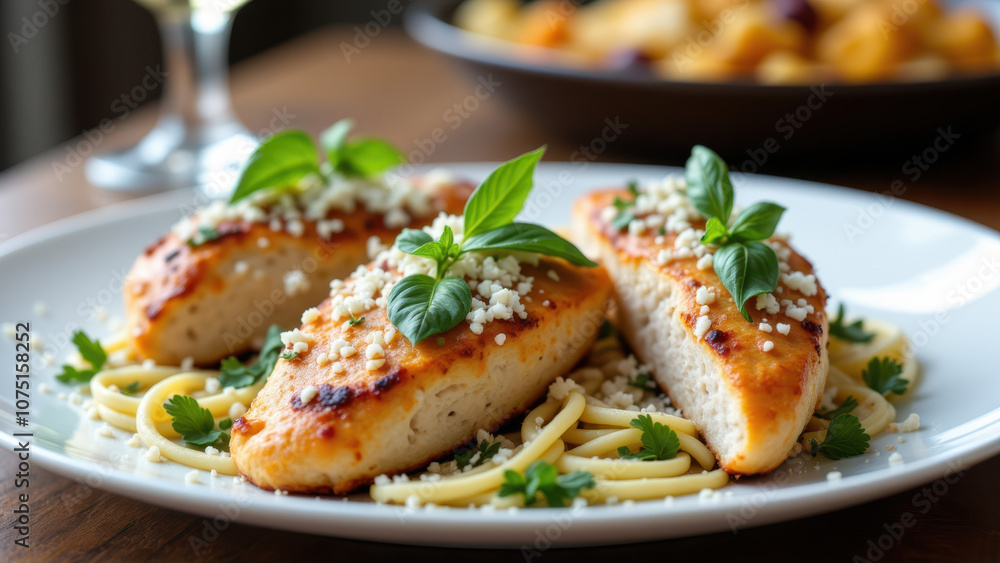 Marry me chicken with grilled chicken breasts, pasta, spinach, garlic, parsley, and cheese on white plate Marry me chicken with grilled chicken breasts, pasta, spinach, garlic, parsley, and cheese on white plate