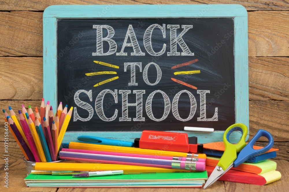 A chalkboard with the words Back to School written on it surrounded by school supplies. A chalkboard with the words Back to School written on it surrounded by school supplies.