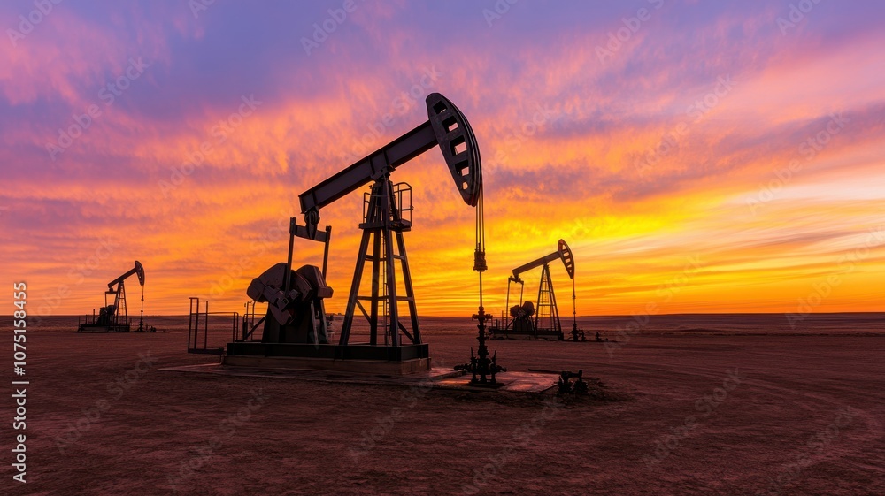 Oil pumps against a vibrant sunset sky, showcasing energy production. Oil pumps against a vibrant sunset sky, showcasing energy production.