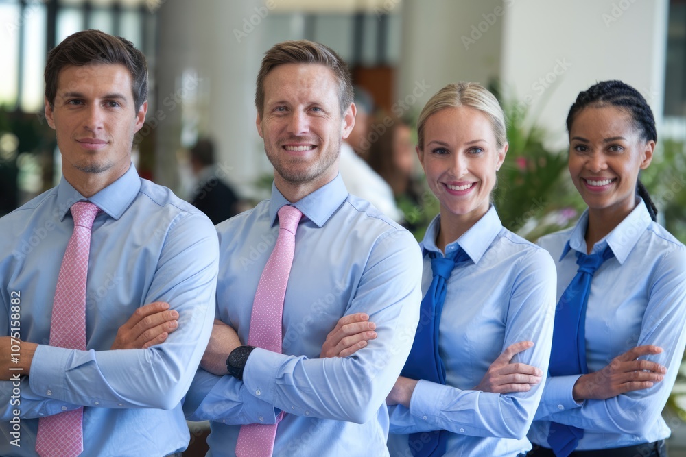 Four colleagues stand in a row arms crossed smiling confidently at the camera. Four colleagues stand in a row arms crossed smiling confidently at the camera.