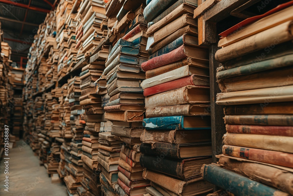 Obraz premium Endless Rows of Stacked Vintage Books in Aisle