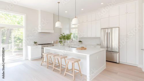 Chic modern style kitchen with light cabinets and white subway backsplash . stone island in center, stainless steel appliances, neutral tones, modern farmhouse style. 3D render.