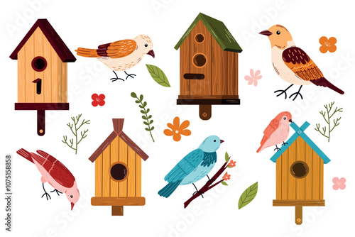Small set of spring birds and birdhouses.Birdhouse with a bird, homemade nests, feeders and homes, for summer and spring birds. Cartoon cute colorful birdhouses collection, feeder on garden tree