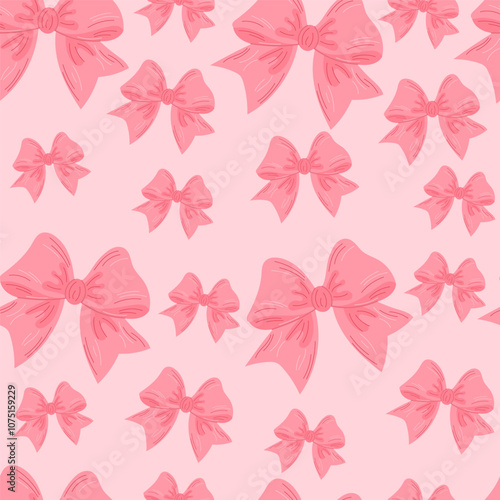 Seamless pattern of pink bows. Gift ribbons on checkered background. Coquette core cute trendy design. Design for wrapping paper, packaging, fabric, textile, home decor, gifts