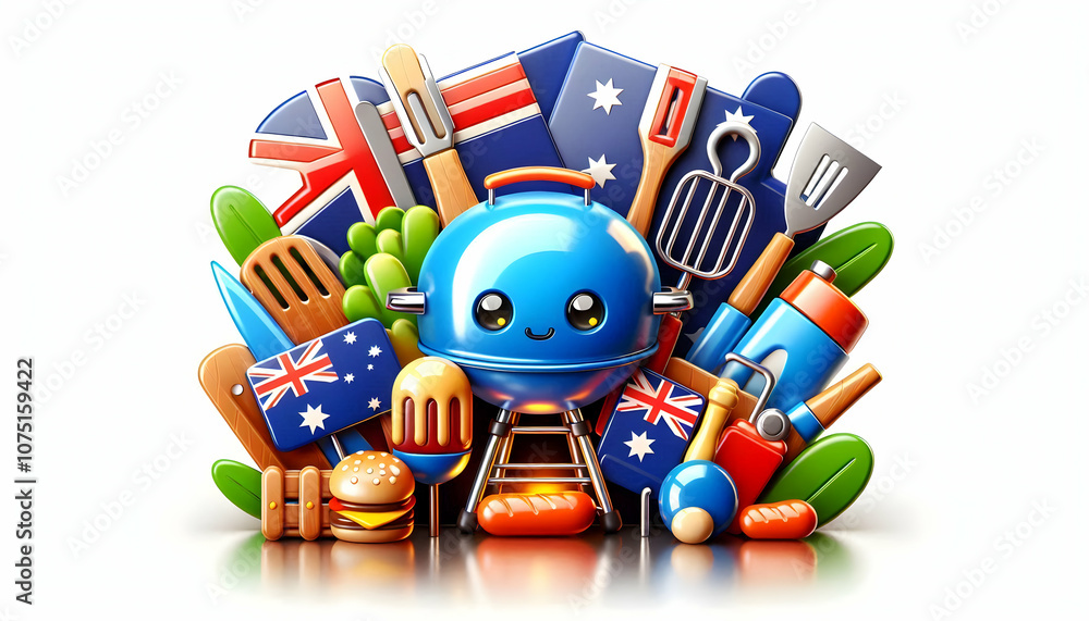 Naklejka premium 3D Glossy Australian BBQ Tools Flags Background Festive Cooking National Pride Iconic Symbolism Vibrant Colors Ample Copy Space Culinary Celebration Australia