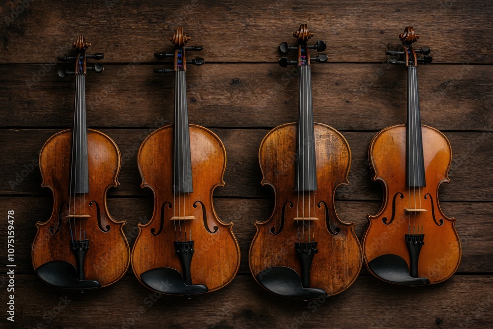 Fototapeta premium Four Classical Violins on Rustic Wooden Background