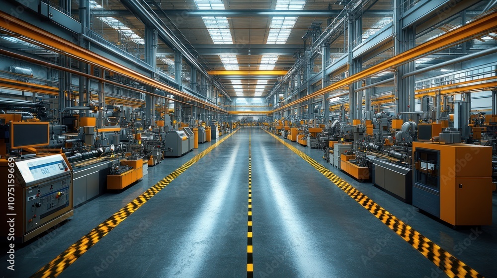 Industrial manufacturing facility with machinery and assembly lines. Industrial manufacturing facility with machinery and assembly lines.