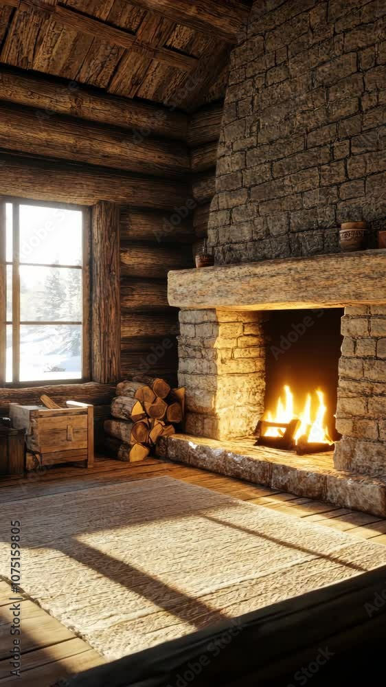 A cozy cabin with a roaring fireplace and a view of the winter landscape outside A cozy cabin with a roaring fireplace and a view of the winter landscape outside