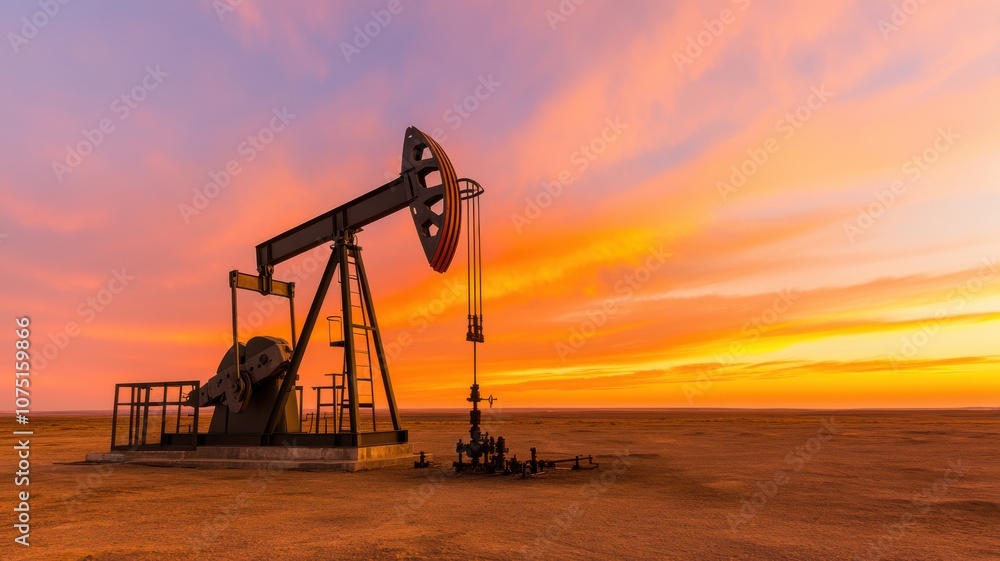 Oil pump jack in a vast desert at sunset under colorful skies. Oil pump jack in a vast desert at sunset under colorful skies.