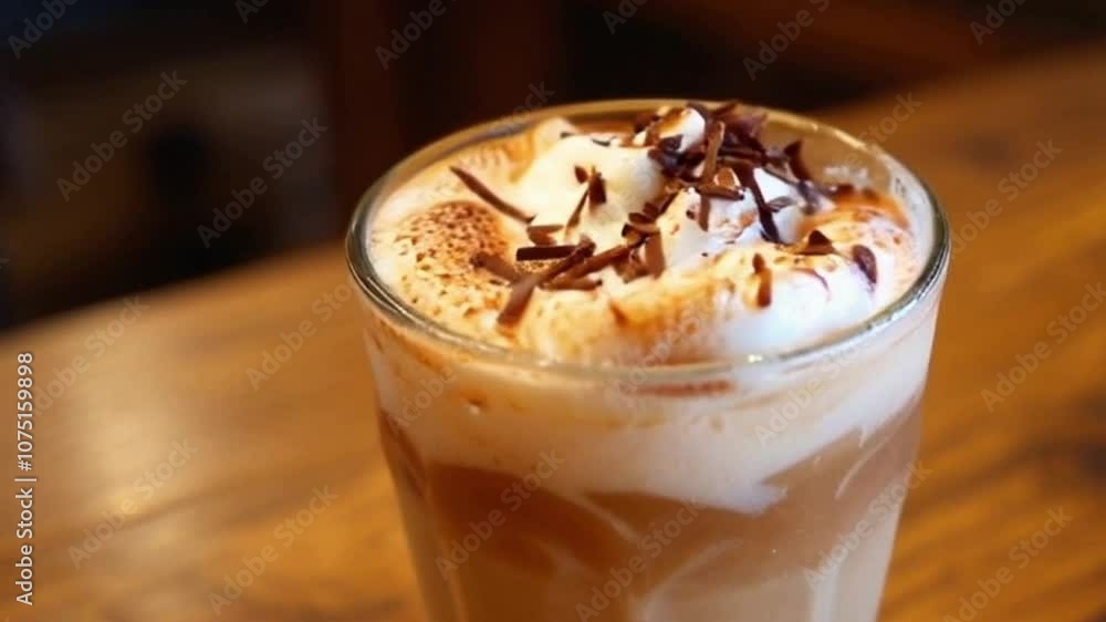 A close-up of an iced cappuccino topped with frothy milk foam and finely shaved chocolate, with ice cubes floating in the drink, set against the warm tones of a cozy, rustic café counter. A close-up of an iced cappuccino topped with frothy milk foam and finely shaved chocolate, with ice cubes floating in the drink, set against the warm tones of a cozy, rustic café counter.