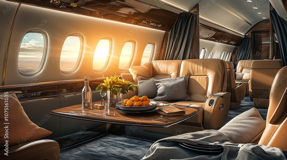 Luxurious private jet cabin interior featuring plush leather seating through large windows. Luxurious private jet cabin interior featuring plush leather seating through large windows.