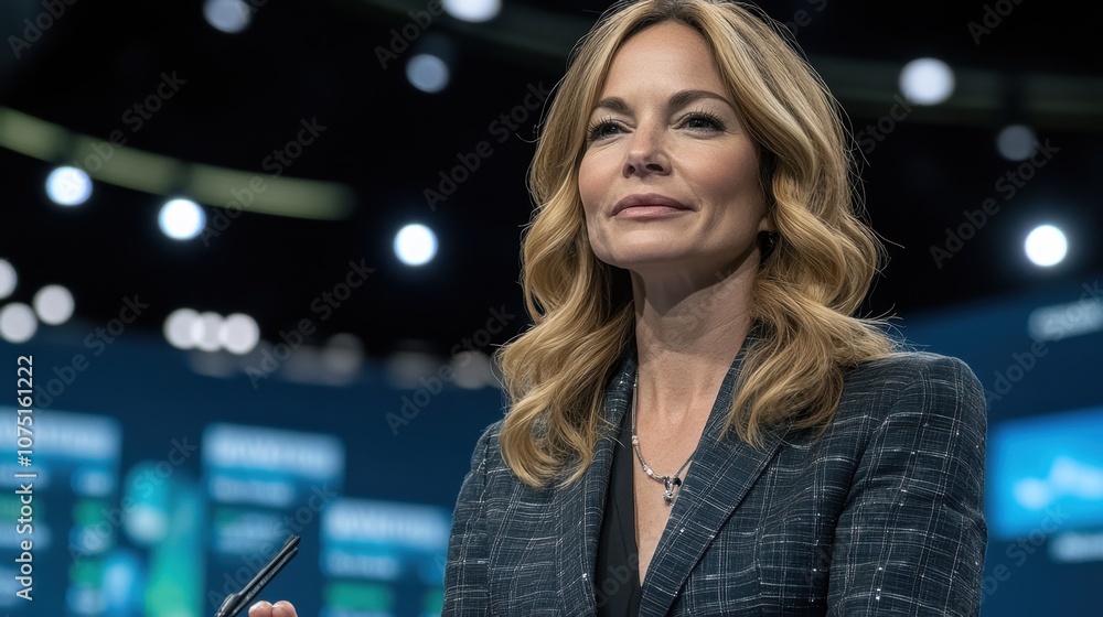 Confident Woman Speaking at Tech Conference Confident Woman Speaking at Tech Conference