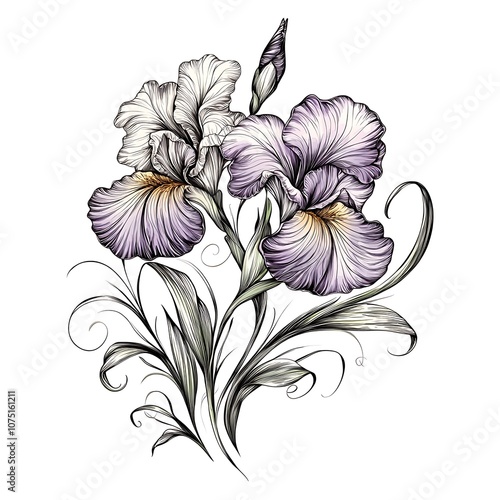 Floral bouquet with flower iris. Vintage Fourish Greeting Card Design. Swirl flower  photo