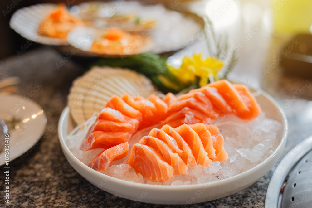 fresh salmon sashimi on ice in ceramic bowl, japanese food culture fresh salmon sashimi on ice in ceramic bowl, japanese food culture