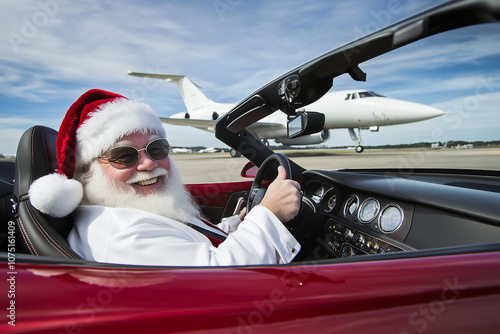 Santa Claus, wearing sunglasses and red hat sitting in a red convertible sports car at an airport with private jet on the background.