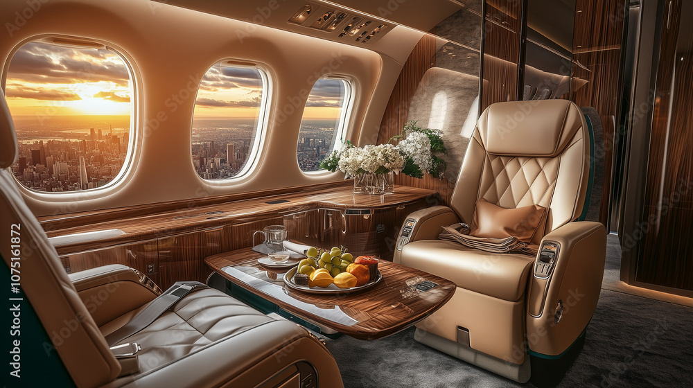 Fototapeta premium Luxurious private jet cabin interior featuring plush leather seating through large windows.