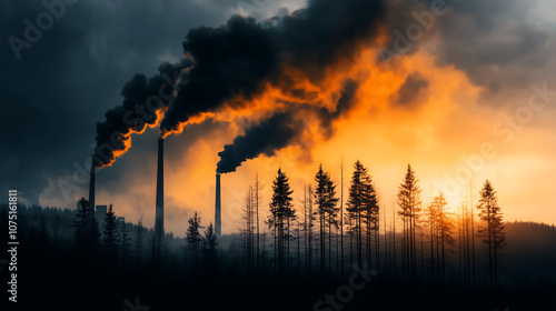 Industrial pollution affects environment and public health during sunset