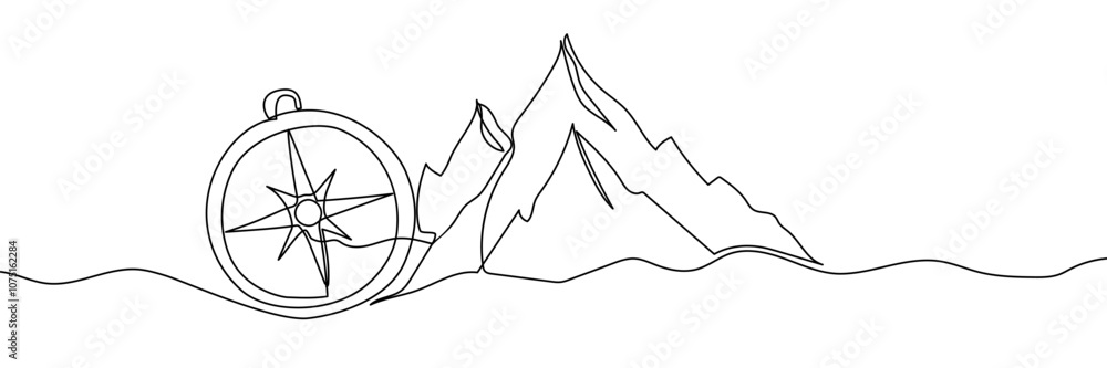 One continuous line drawing of traveller compass. Old navigate and adventure symbol in simple linear style. Business strategy and adventure concept in editable stroke. Banner vector illustration One continuous line drawing of traveller compass. Old navigate and adventure symbol in simple linear style. Business strategy and adventure concept in editable stroke. Banner vector illustration
