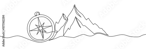 One continuous line drawing of traveller compass. Old navigate and adventure symbol in simple linear style. Business strategy and adventure concept in editable stroke. Banner vector illustration