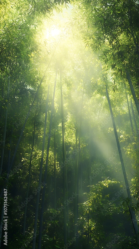Fototapeta premium Sunlight Filtering Through a Lush Bamboo Forest