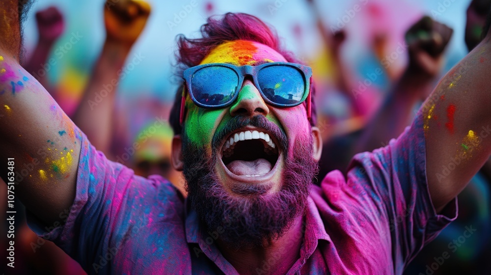 Obraz premium A joyful person exuberantly celebrating with vibrant colors at Holi festival. Their face covered in colorful powders reflects happiness and cultural festivities.