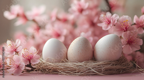 Happy Easter background with eggs, twine, and flowers on a pink surface 