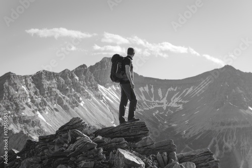 A lone hiker stands on a mountain peak gazing out at the vast landscape.